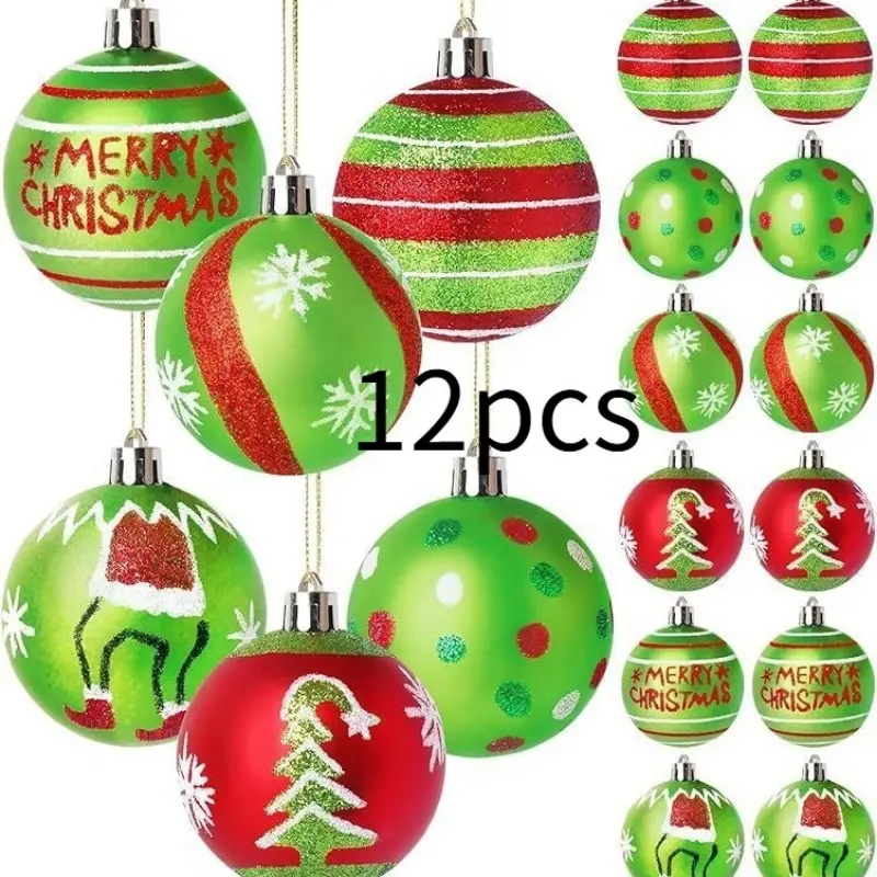 Grinch themed painted Christmas ball set in classic red & green, various fun prints, perfect tree ornaments to build playful festive vibes for holiday parties