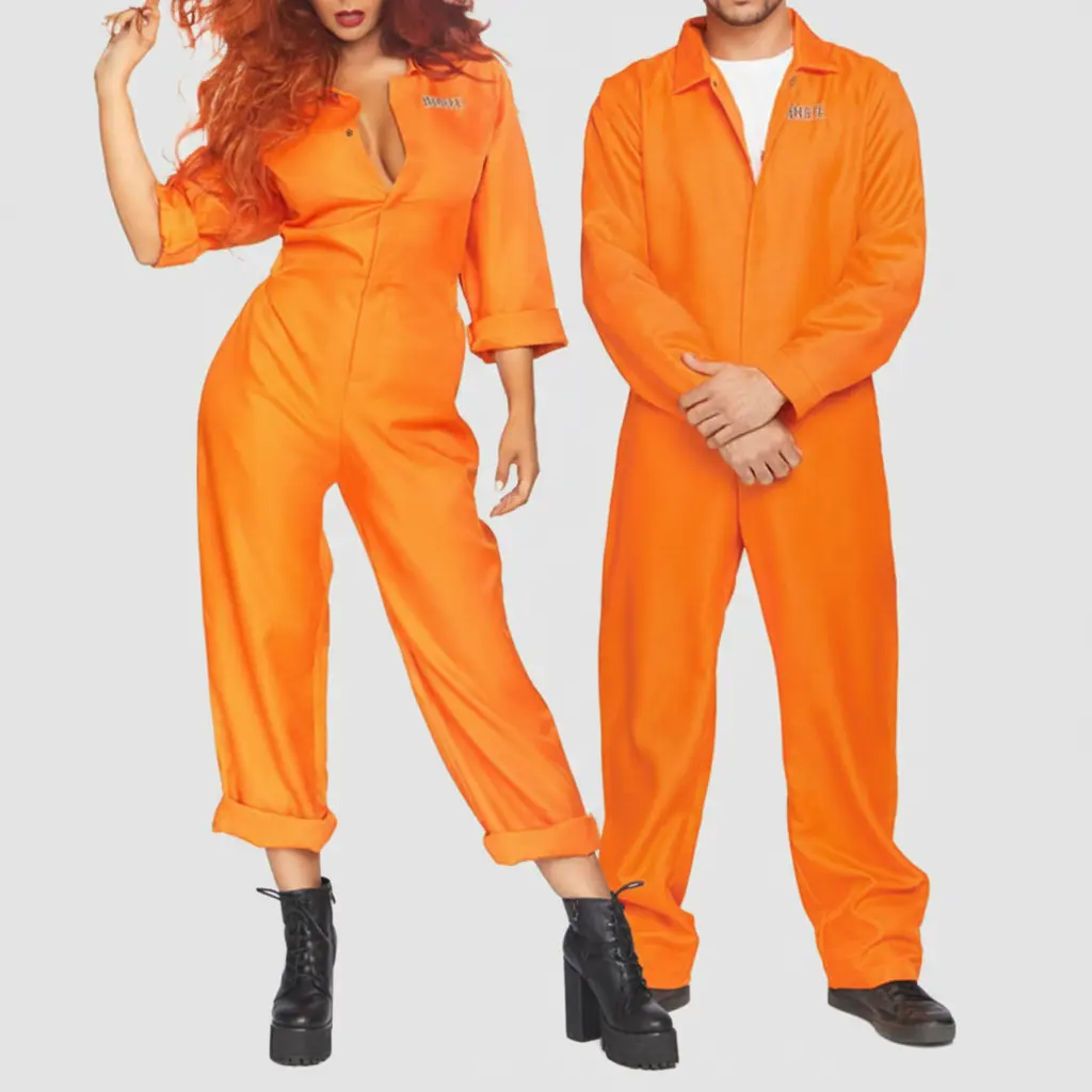Couple Orange Prisoner Jumpsuit Costume Long Sleeve Collared Zipper Front Inmate Overalls, Loose Cuffed Hem Prison Uniform Cosplay Outfit for Women Halloween Jail Convict Fancy Dress