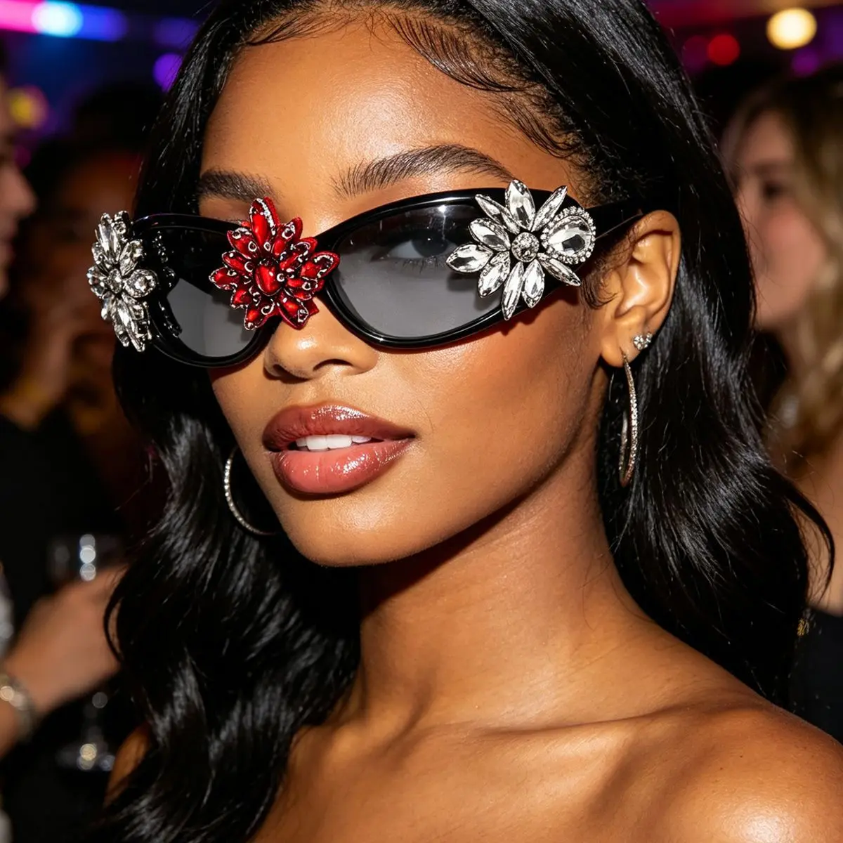 Light Y2K Bling Rhinestone Cat Eye Sunglasses for Women & Trendy Rave Girls | Red Tinted Vintage Statement Eyewear for Festivals Concerts Bachelorette Night Out Halloween