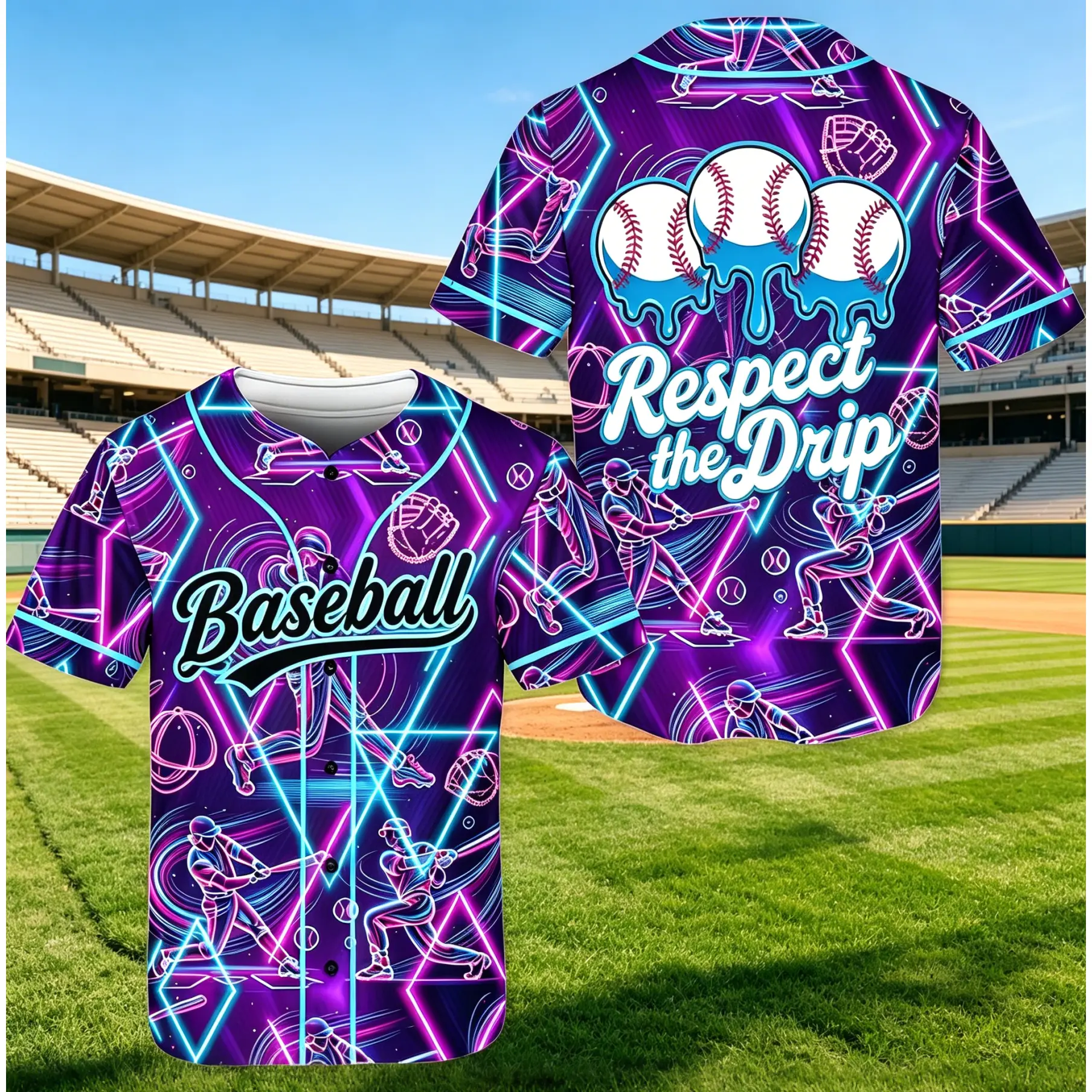 Respect The Drip Neon Baseball Jersey, Multi Style Cyber Neon Doodle Flame Brick Galaxy All Over Print Button Up Short Sleeve Uniform, Trendy Streetwear Game Day Baseball Shirt For Men Women # RespectTheDrip # Baseball Jersey