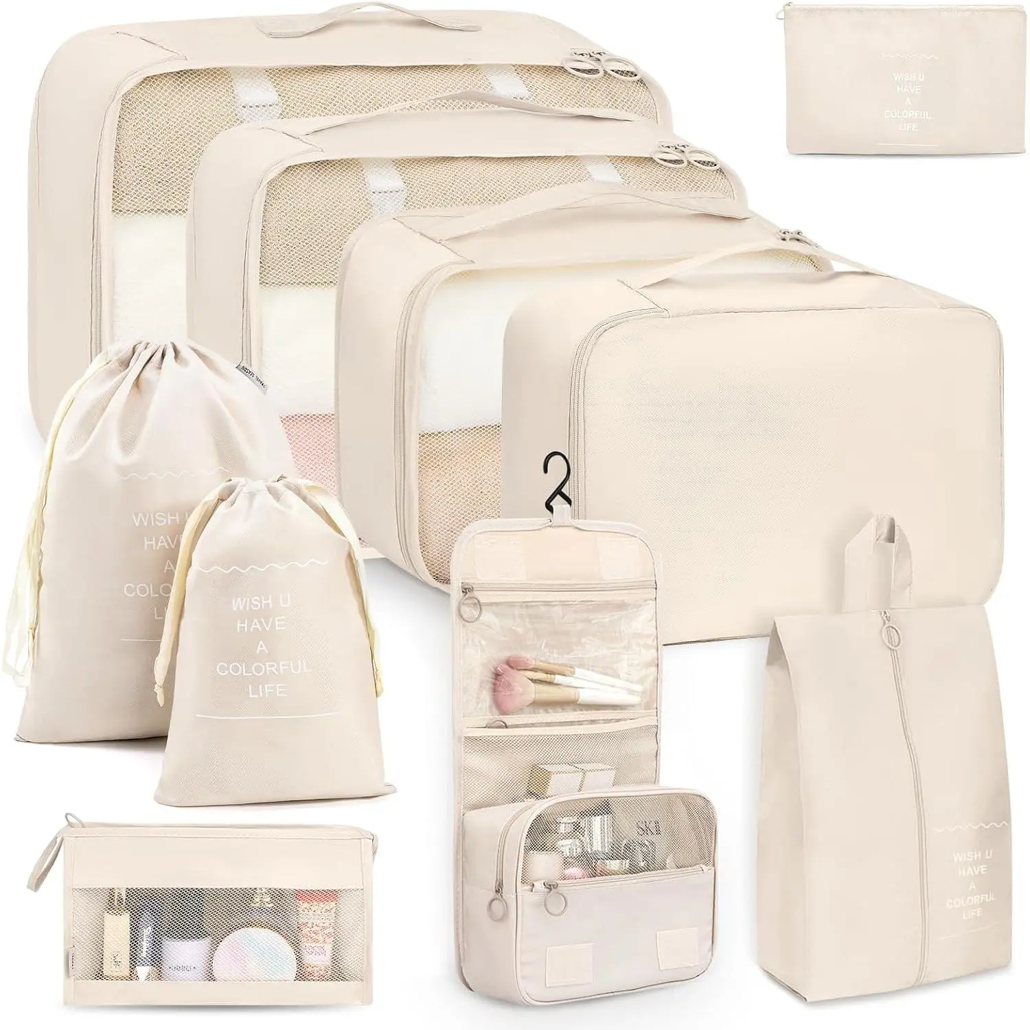 Beige 10-Piece Ultra-Strong Fabric Packing Cube Set - Cube Storage Bags, Luggage Organizer for Carry-On Suitcases, Includes Cable Organizer Bag