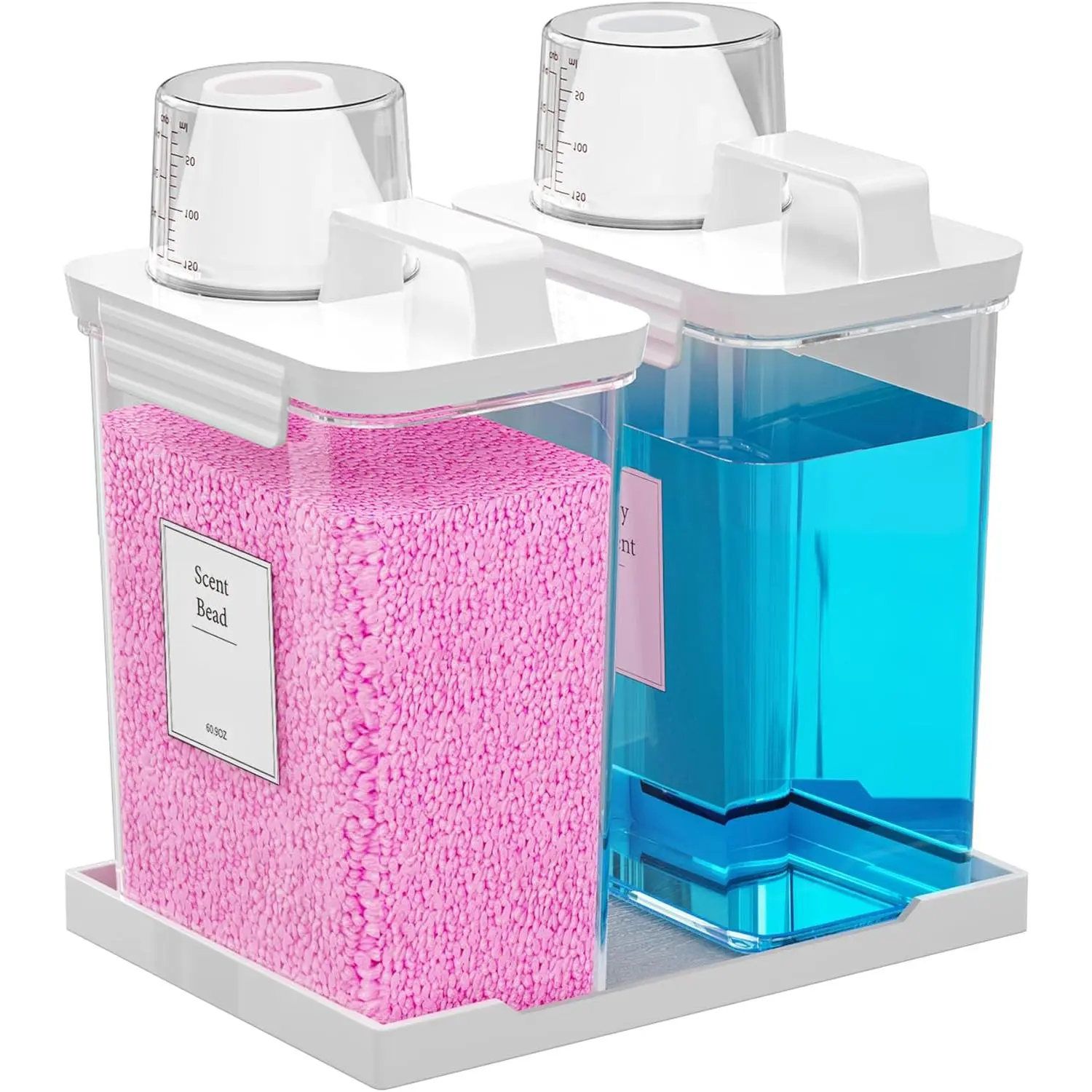 61OZ Laundry Detergent Dispenser Container, 2 Pack Liquid Laundry Dispenser, Plastic Detergent Dispensers for Laundry /Fabric Softener with Tray 6 Labels, Clear