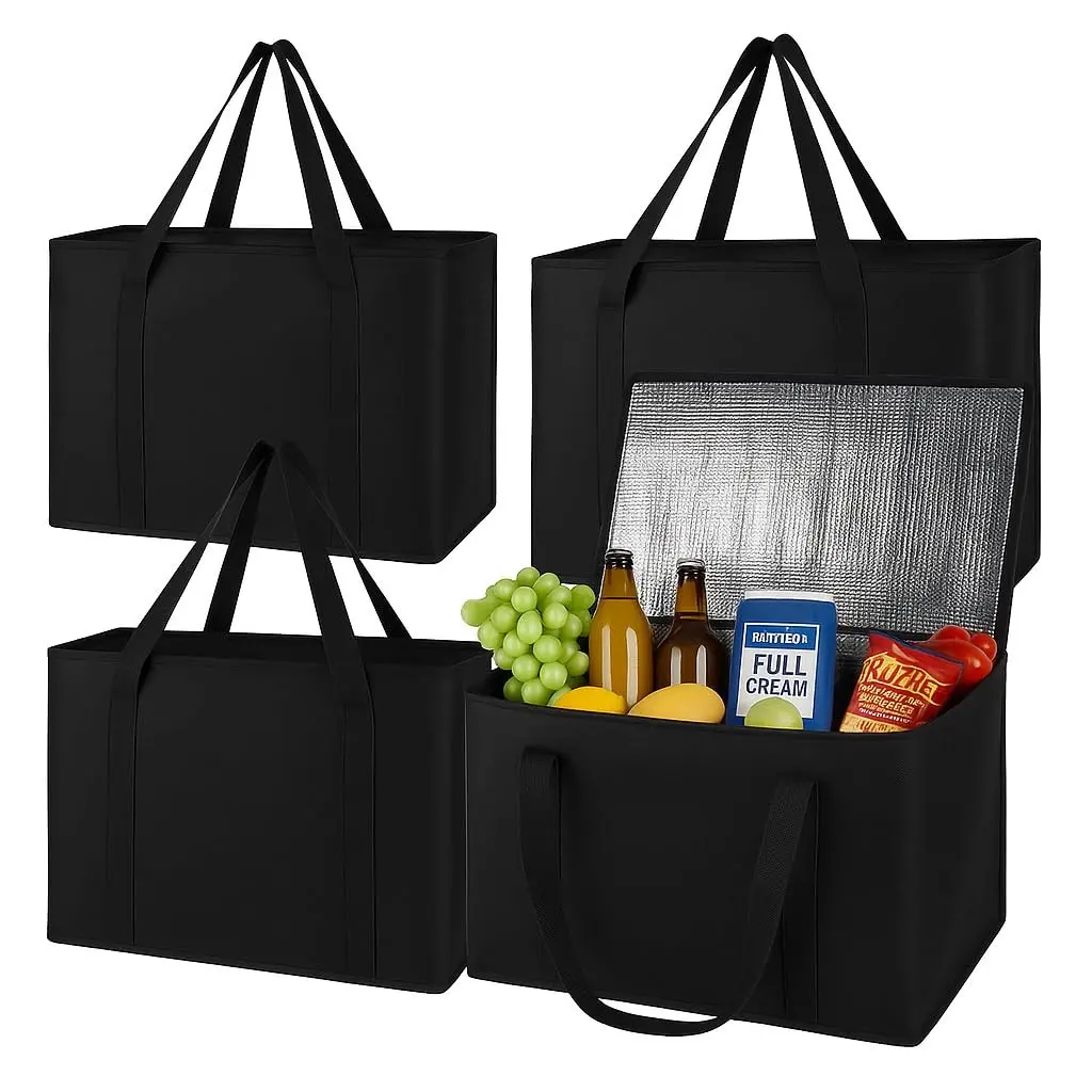 4-Pack Insulated Trunk Organizer Car Cooler Bag Grocery Shopping Bags, Black, Reusable, Zipper, Foldable, Tote, Cold, for Adult, for Foodland