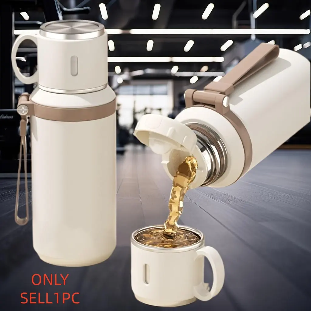 Stainless Steel Durable Insulated Water Bottle 600ml/1L with Rope, Dual-Function Coffee Cup, Portable Outdoor Vacuum Insulated Thermal Flask for Camping, Cycling, Home & Office, Insulated Travel Drinkware, Insulated Bottles