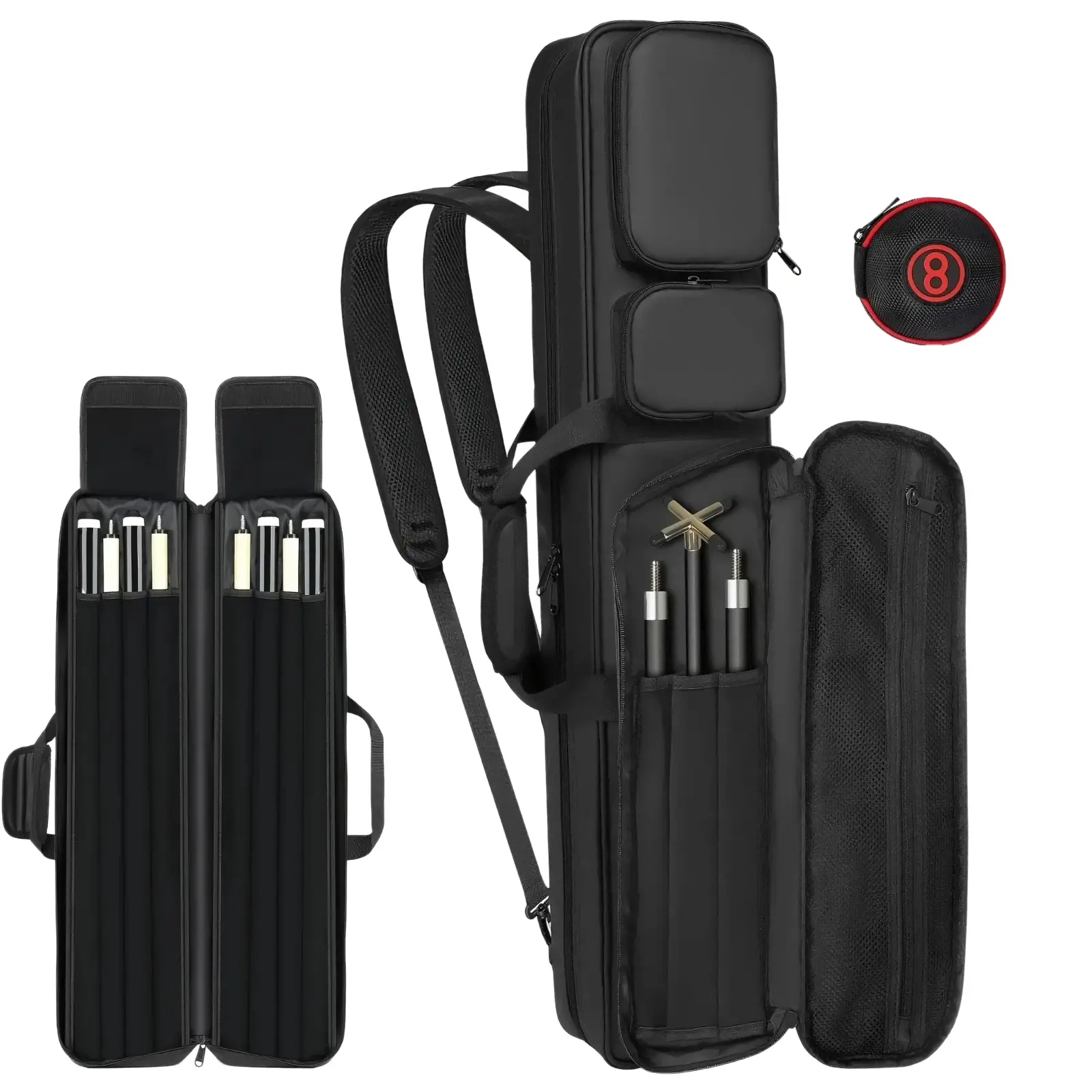 Pool cue set 4x4, pool cue bag with concealed backpack strap, accommodates 4 club heads and 4 shafts, large front accessory pocket pool carrying case