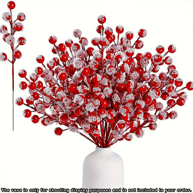 10 Pack Snow Frosted Artificial Holly Red Berry Stems, Snow Covered Berry Spray Picks Branches, Winter Xmas Decorations for Christmas Tree Ornaments, Holiday DIY Crafts Farmhouse Indoor Tabletop Home Decor