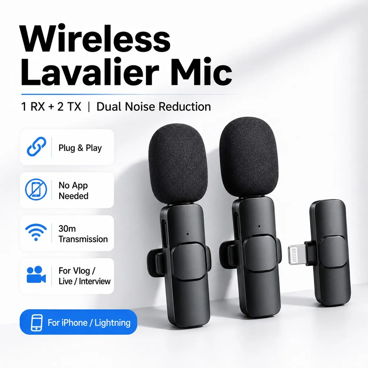 Wireless Lavalier Microphone Set, 1 Rx 2 Tx Clip-On Lapel Mic, Plug & Play Noise Reduction, Ideal for Live Streaming, Vlogging, Interviews, Phone Recording, Podcast Equipment