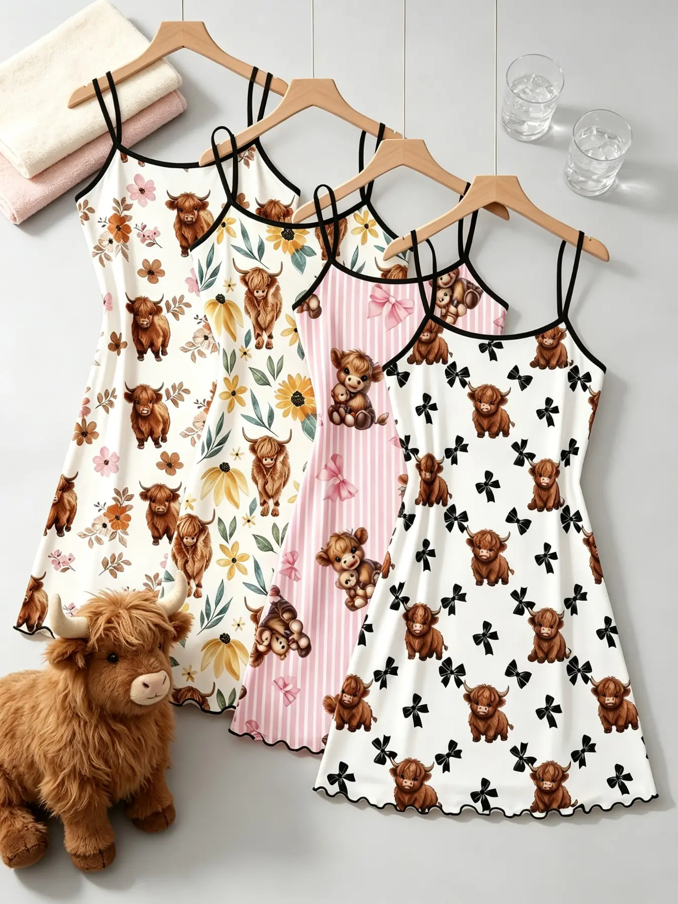 4 Pack Ins Aesthetic Women's Sleep Dresses Highland Cow Sunflower Floral Bow Print Spaghetti Strap Lettuce Hem Contrast Trim Soft Cozy Casual Nightgown Loungewear Nightwear for Home Daily Wear Nightdress Sleepwear