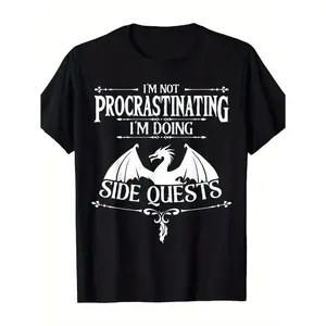 Crew Neck T-Shirt with Dragon Graphic and "Not Procrastinating, Doing Side Quests" Slogan - Casual Style, Short Sleeve, Regular Fit, Knit Fabric - Summer Collection