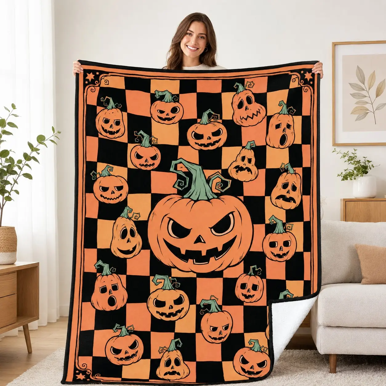 Vintage Halloween Jack O Lantern Checkerboard Flannel Blanket, Orange Black Retro Cartoon Pumpkin Throw for Bed Sofa, Fall Decor Gift