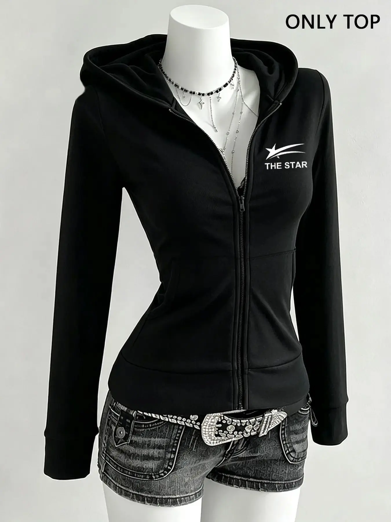 Women's slim-fit zip-up hooded jacket, letter print long-sleeved hooded jacket, retro millennial street style top