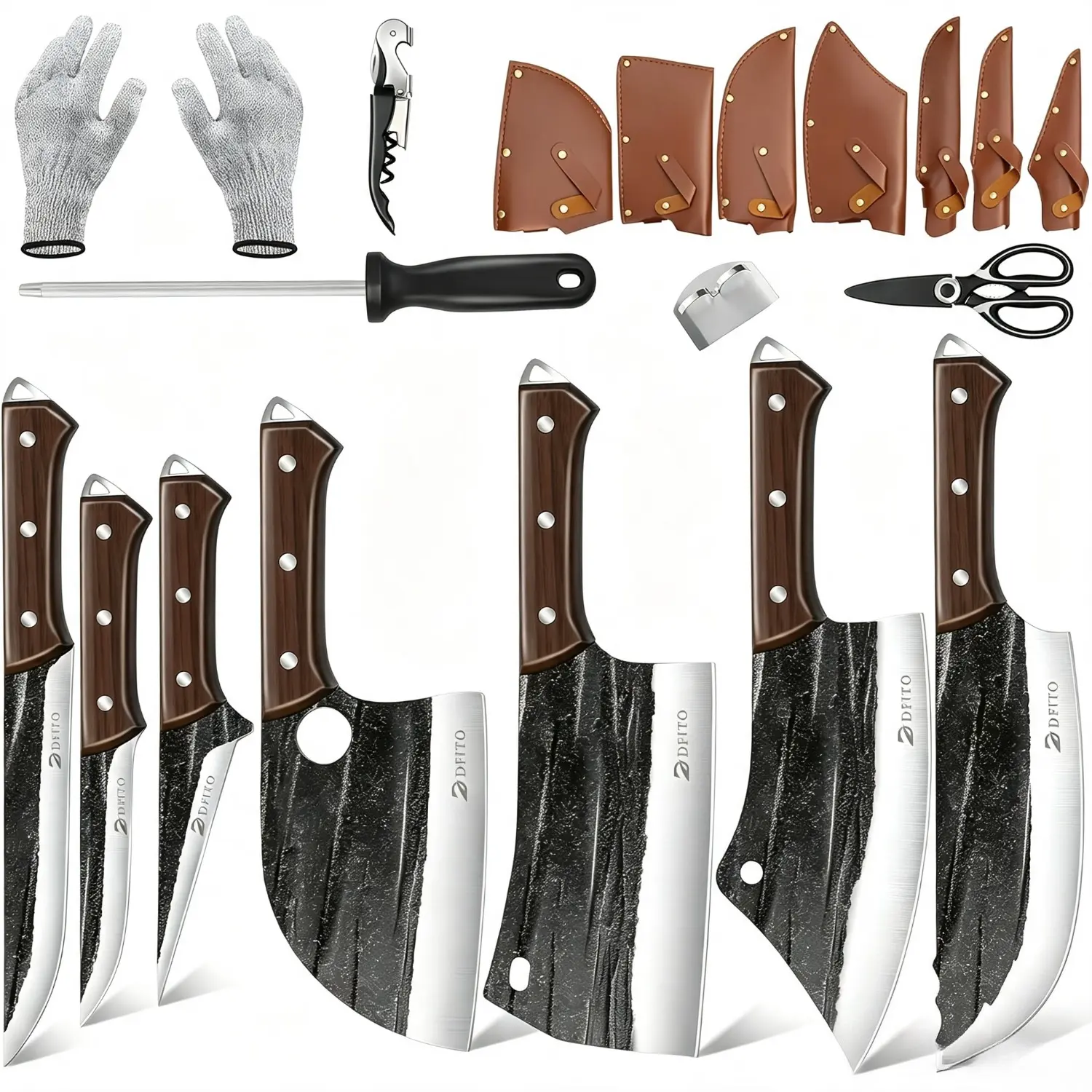 14 in 1 Professional Chef Knife Set with Roll Bag, Butcher Knife Set Hand Forged Bone Chopping Knives & Meat Cleaver Knife & Fillet Knives for Home & Camping & BBQ, Gifts for Men Women
