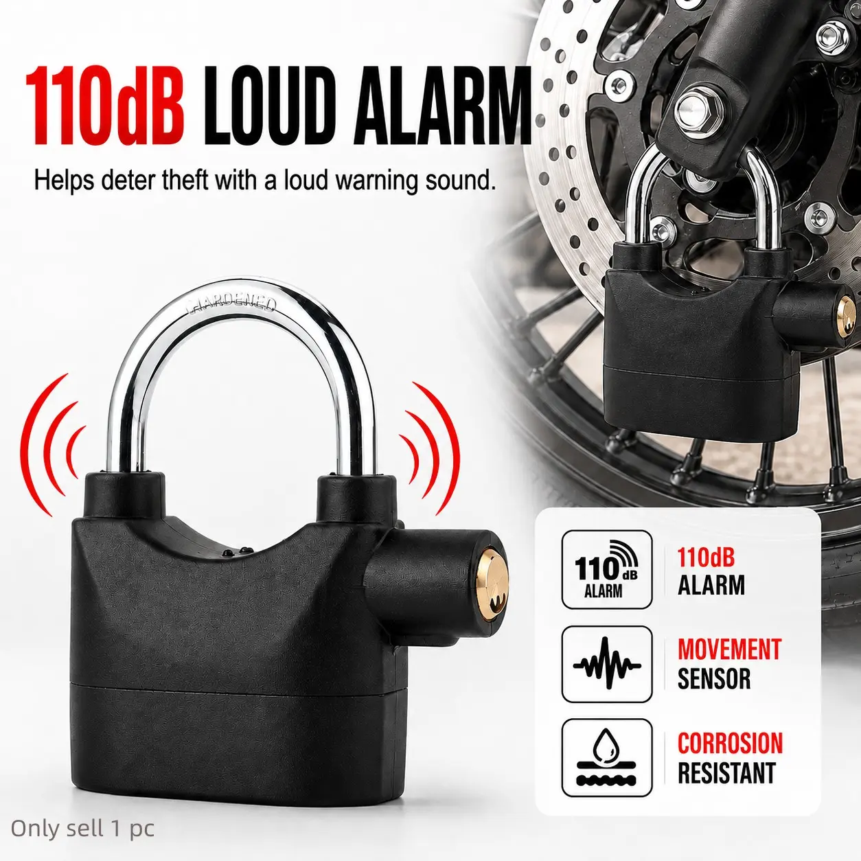 110dB Loud Alarm Padlock, Portable Outdoor Security Lock with Motion & Shock Sensor, U Shackle Design for Bike, Motorcycle, Scooter, Gate, Garage, Fence and Storage Use, High Security Padlock