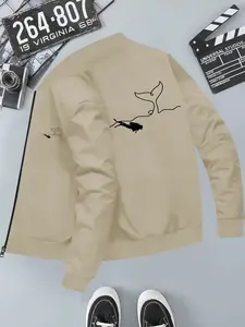 Whale Tail Dive Print Men's Hooded Casual Jacket, Long Sleeve Slim Fit, Geometric Pattern, All Seasons