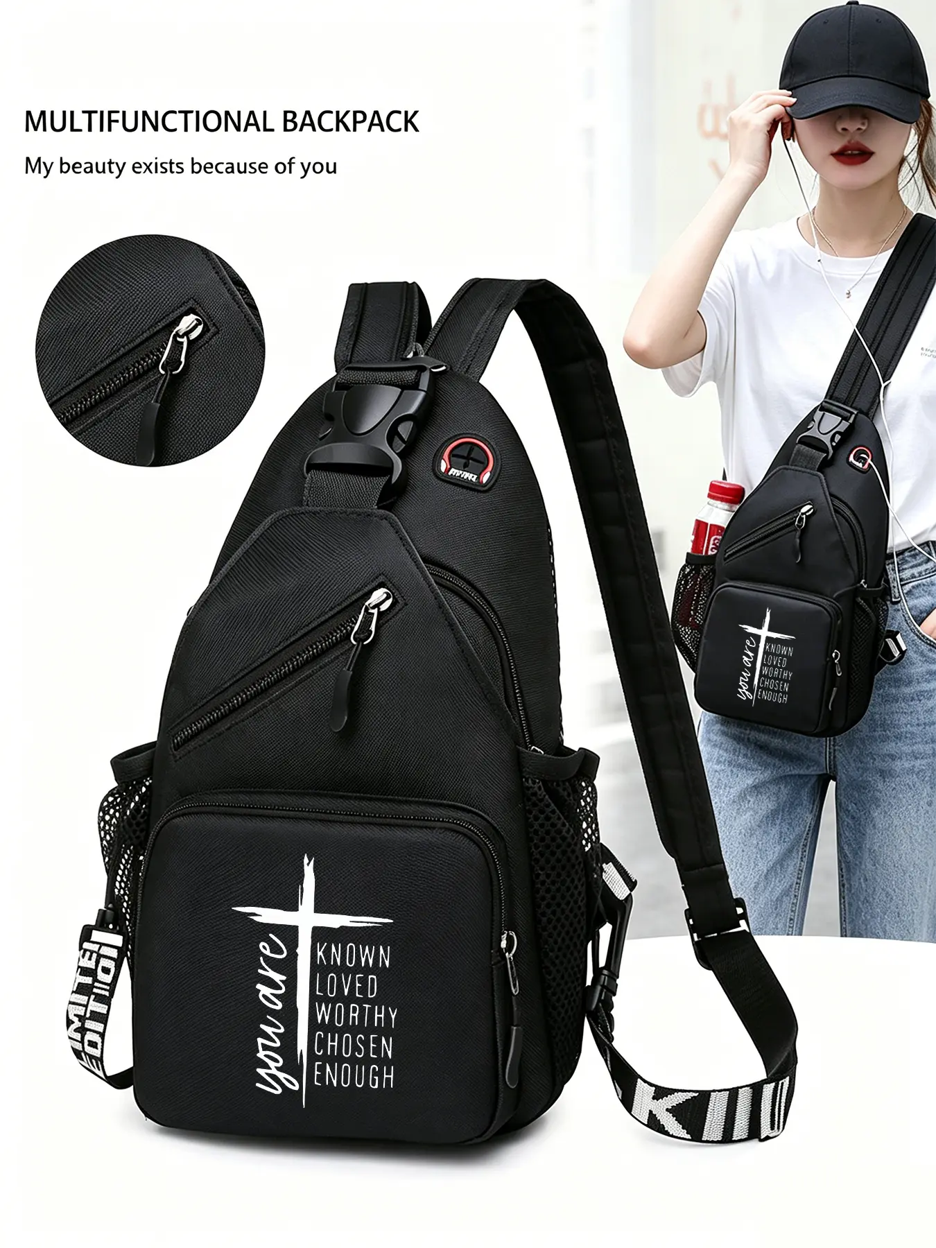 Faith Cross Patterned Convertible Crossbody Bag/backpack, Multi-functional Chest Bag with Convertible Zippered Shoulder Strap, Multiple Pockets, Suitable for Travel, Sports, and Daily Commuting