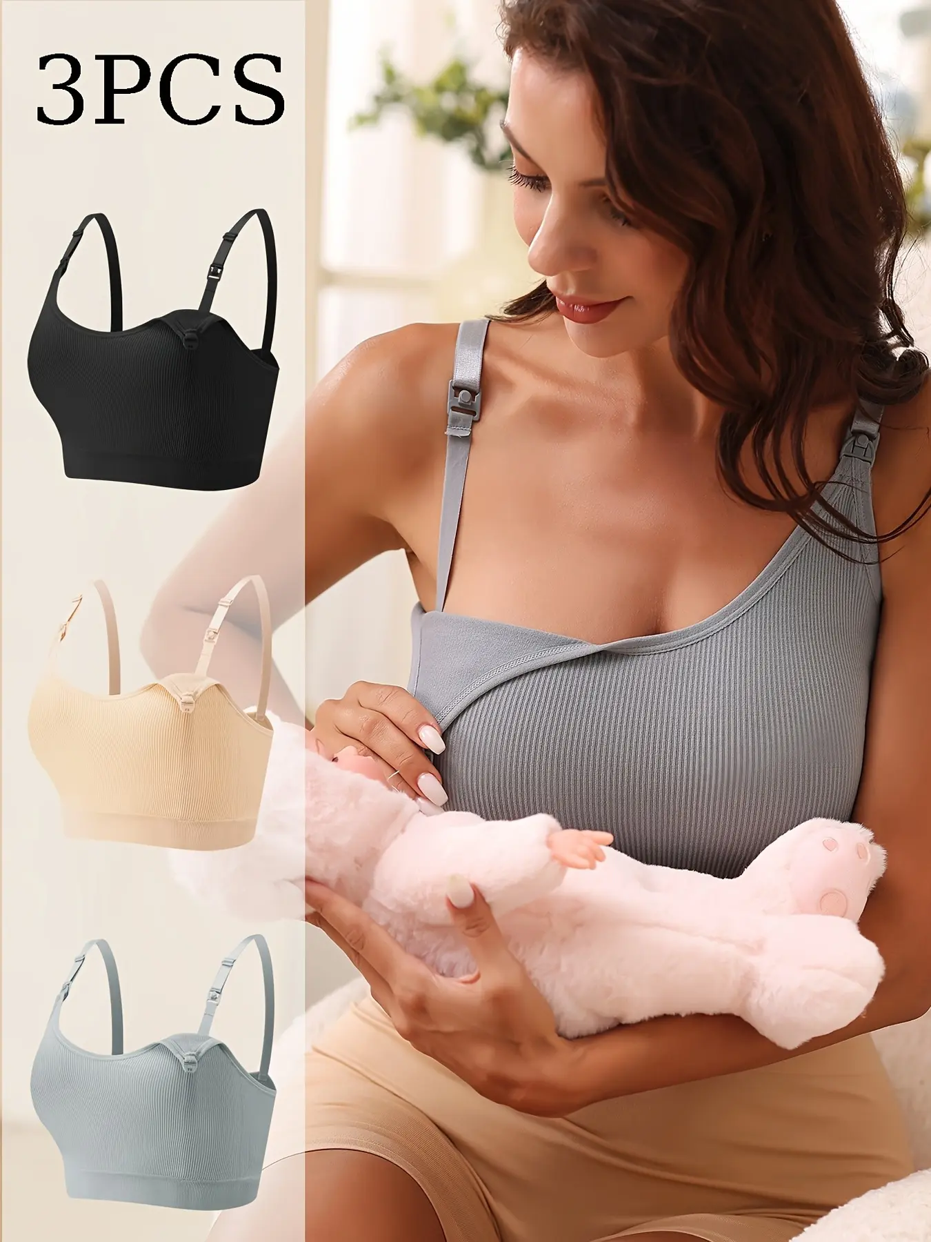 3-Piece Women's Breastfeeding Bra Ringless Threaded Single-Layer Breastless Vest, Adjustable Straps, Breathable, Clip-On, Full-Cover Wireless Breastfeeding Bra, Maternity Bras For Breastfeeding