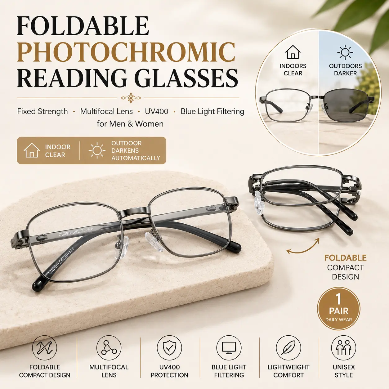 Foldable Multifocal Reading Glasses for Adults, Unisex Metal Frame with Fixed Strength Lenses, Photochromic Blue Light Filter for Computer & Travel