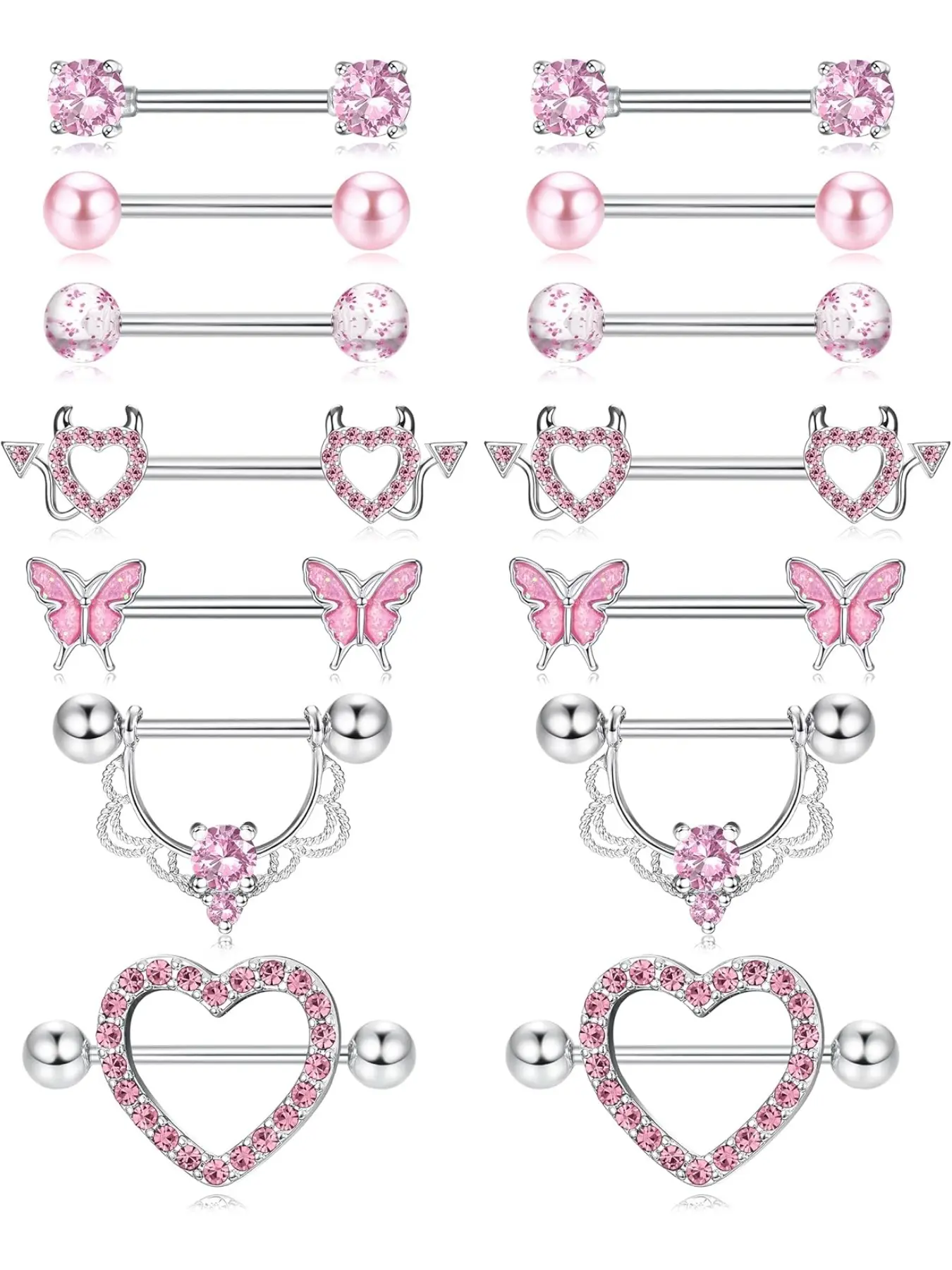 7 Pairs 14g Nipple Bars for Women, Stainless Steel Nipple Piercing Jewelry, Casual Style, Plain Pattern, Body Piercing Barbell Set, Multiple Piercing Jewelry