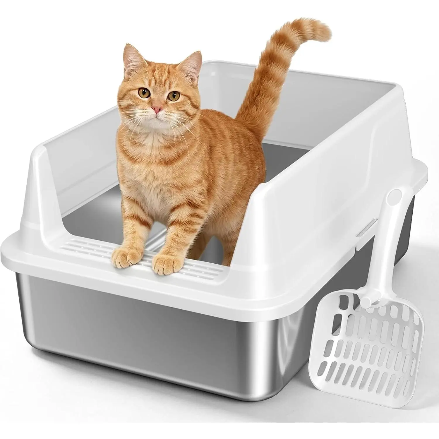 Stainless Steel Cat Litter Box, Metal Litter Box with High Sides & Lid, Open Top Low Entry Litter Pan Including Scoop, Non-Stick Easy Clean Anti-Scratch Kitty Cat Box for Indoor Cats, High Wall double pocket clear waterproof Heavy-Duty Tarp