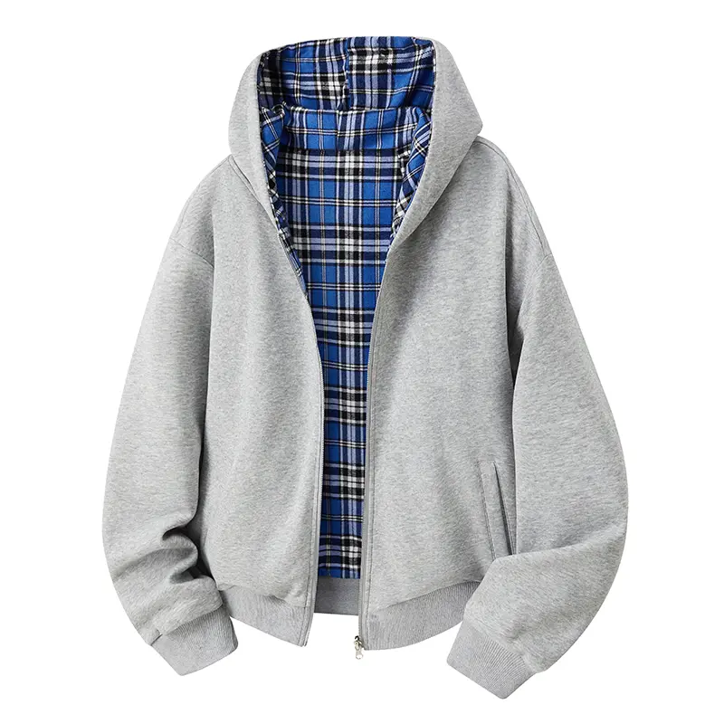 Men's Reversible Zip Up Hooded Sweatshirt Jacket, Plaid Lining Full Front Zipper Side Pockets Rib Cuffs Hem Loose Casual Outerwear, Versatile Coat For Spring Autumn Campus Street Daily Commute Outfit