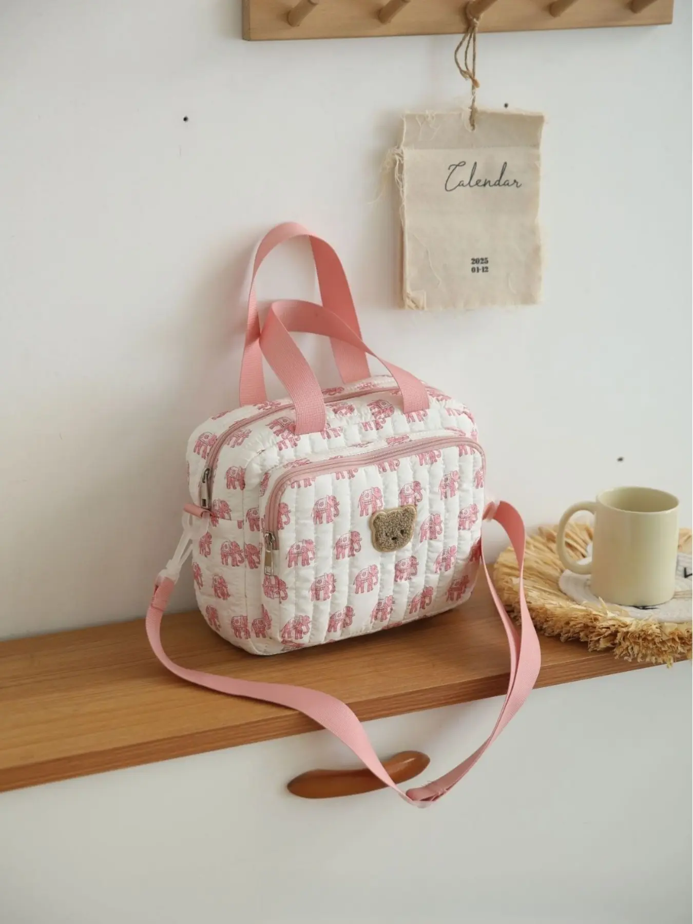 Cute Quilted Elephant Print Diaper Bag, Bear Patch Portable Mommy Handbag, Detachable Strap, Lightweight Baby Care Tote for Travel