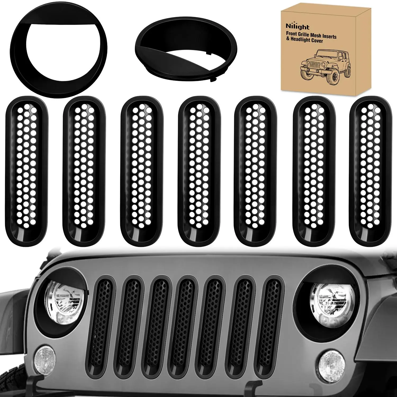 Nilight Black 9-Pcs Automotive Car Accessories Grill Inserts & Headlight Cover Set, Clip-in Front Grille Mesh Trim for Jeep Wrangler JK JKU Unlimited Sports Sahara Freedom Rubicon 2007-2018 Exterior Parts toolupgrade
