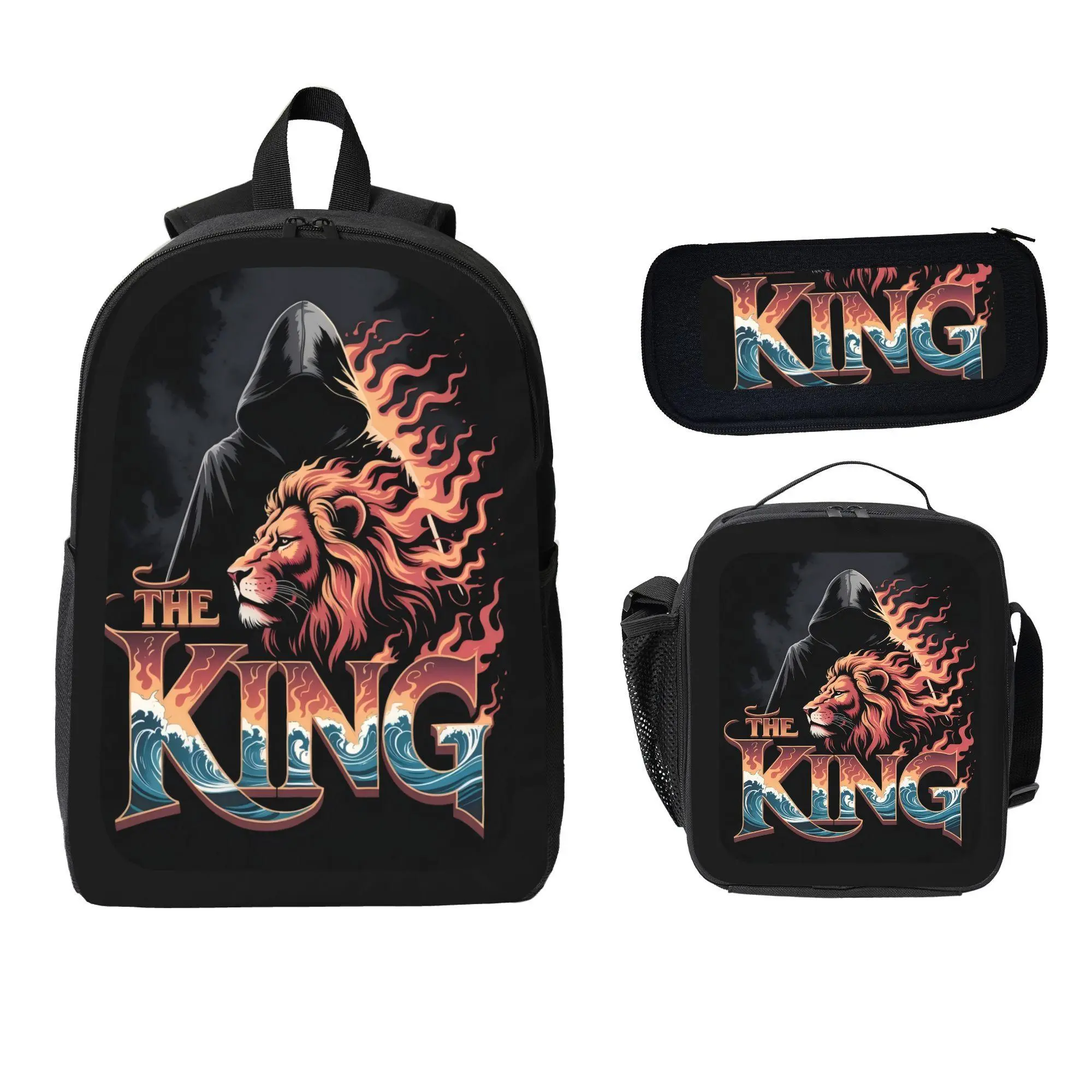Student 3-Piece Vibrant Lion Pattern Backpack Set - Spacious School Bag, Lunch Box, Pencil Case, Great Gift for Back-to-School, Functional, Fun And Functional, Animals, Unisex, Backpacks For School, Organized