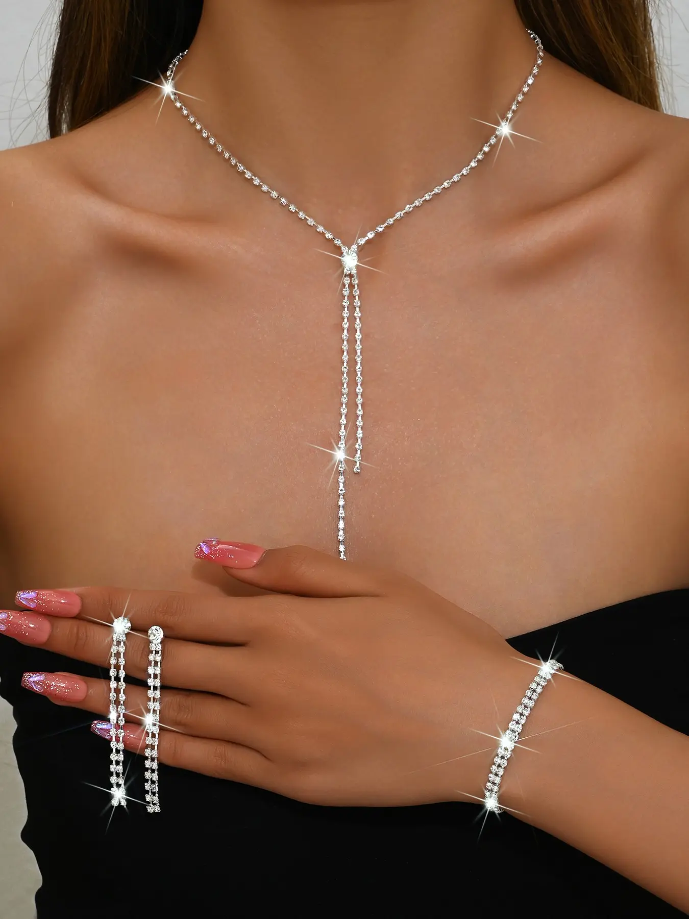 Women's Rhinestone Jewelry Set, Necklace Earrings Bracelet Combo, Full Diamond Water Drill Welding Jewelry Kit, Elegant Gift for Her
