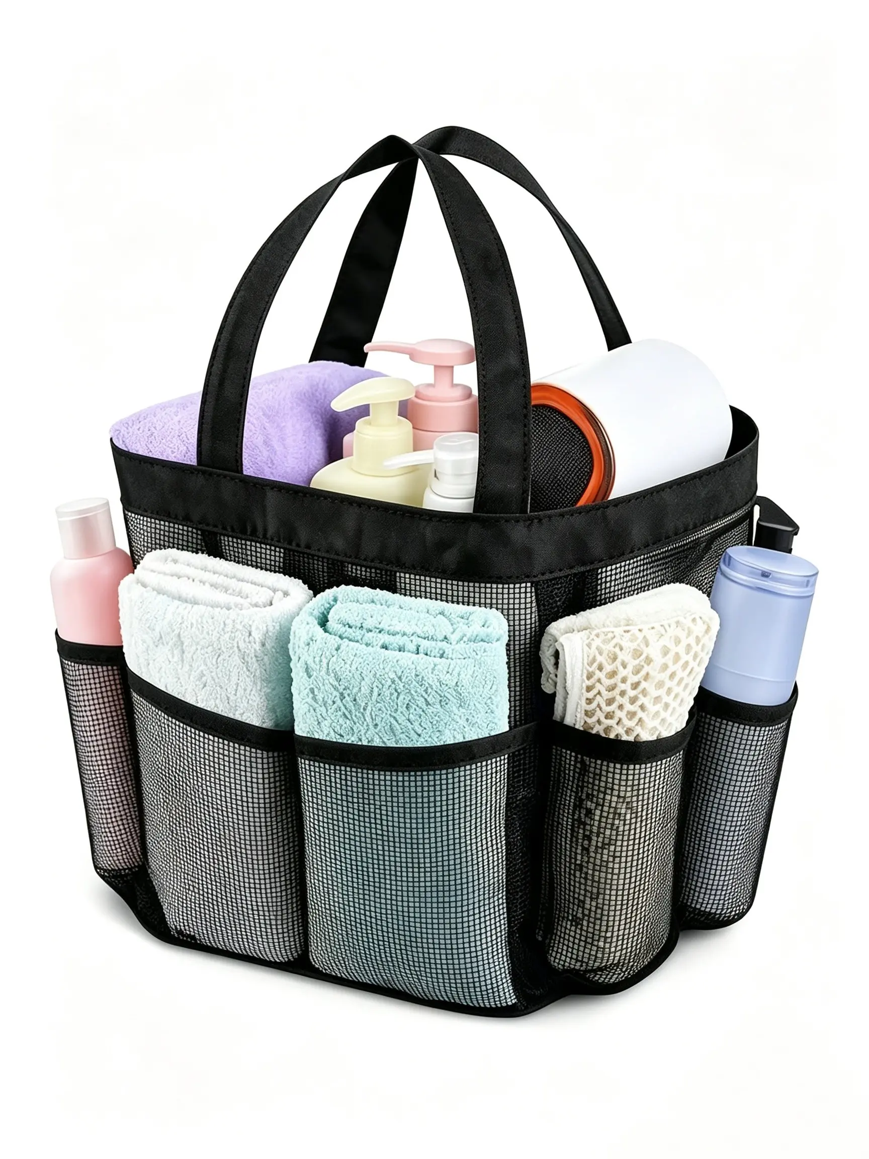 Large Capacity Grid Bathroom Wash Bag, Multi-Functional Portable Shower Bag, Single and Dual Handle Options, Ideal for Beach, Swimming, Fitness, Toiletry Bags