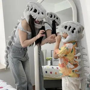 Dinosaur Skeleton Costume Set for Adults & Kids, Realistic Plush Outfit with Headgear and Spine Accessory, Halloween Party Cosplay Outfit