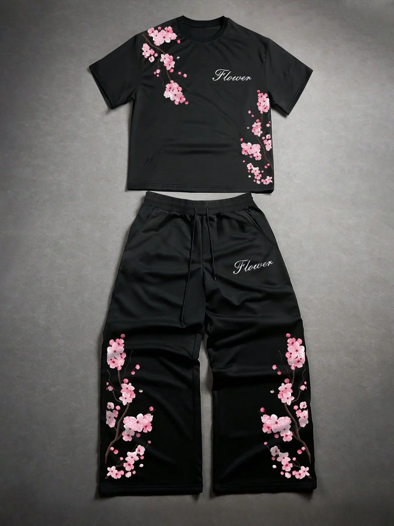 Cherry Blossom Print Two-Piece Set, Short Sleeve T-Shirt + Drawstring Wide Leg Pants, Unisex Y2K Streetwear, Summer for Teens, Clothes