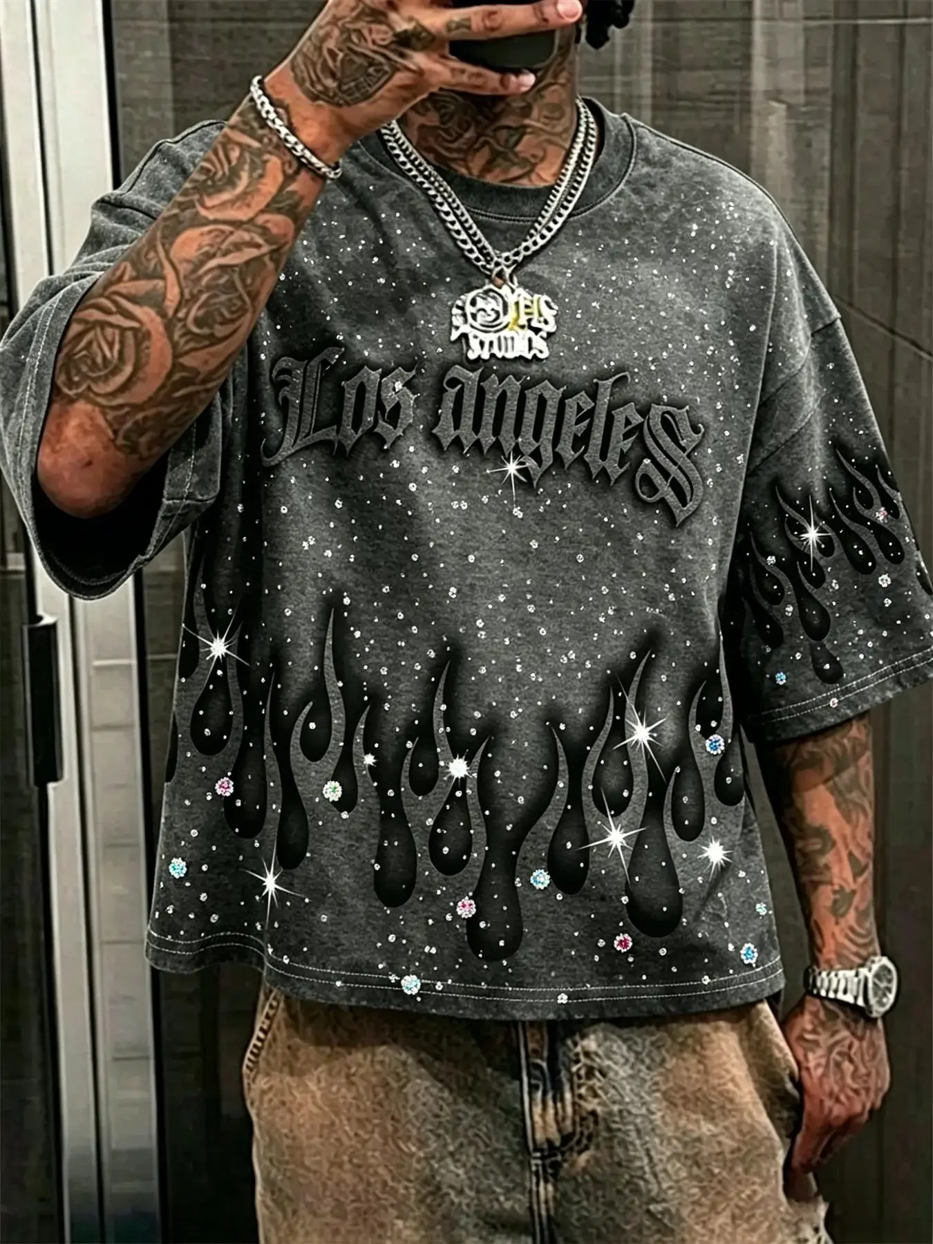 Men's Flame Print Short Sleeve Crewneck Top, Casual Graphic Top, Casual Loose-Fit Long Shirt, Letter Pattern Design, Perfect for Couple, Eye-Catching Style, Streetwear, Menswear