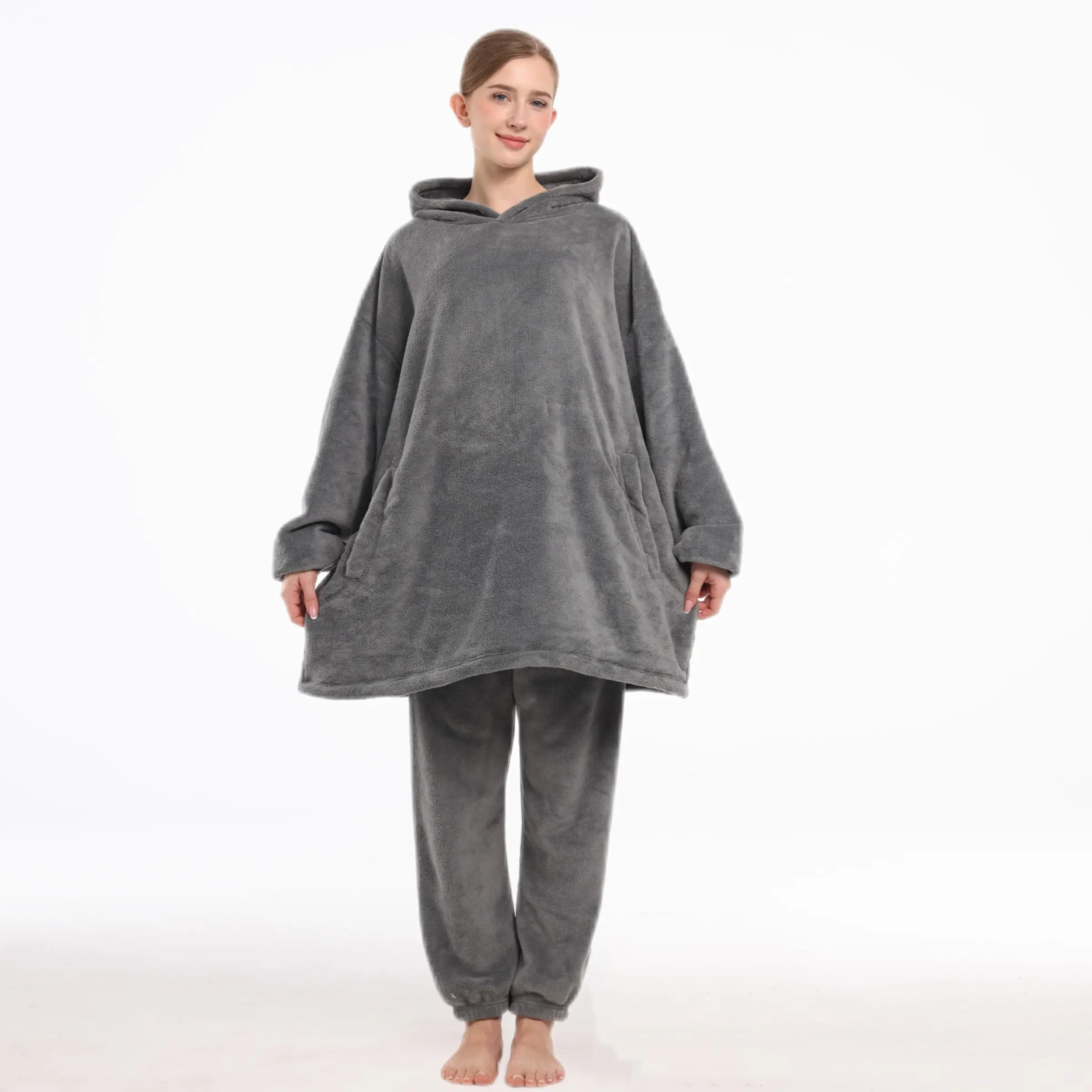 Autumn Winter Thickened Coral Fleece Luxury Cashmere Set, Wearable with Hat and Pockets, Warm and Comfortable, Unisex