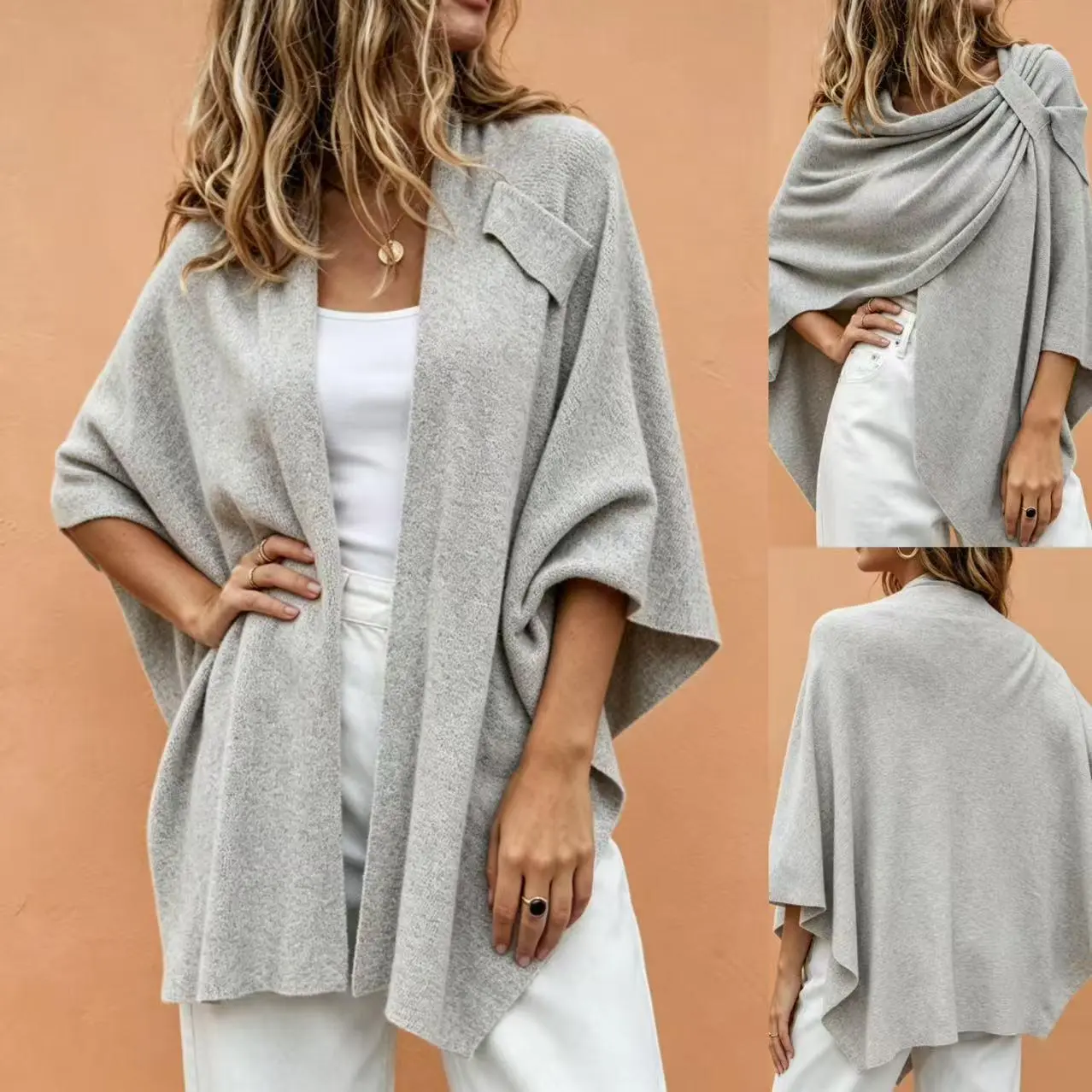 Soft Core-Spun Knit Shawl Wrap for Women, Versatile Open Front Cape in Solid Colors for Travel & Commuting