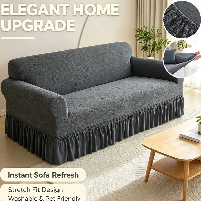 Ruffled Skirt 1‑Piece Sofa Slipcover, High Stretch Couch Cover, Textured Wear‑Resistant Furniture Protector, Pet‑Friendly Machine Washable Sofa Cover