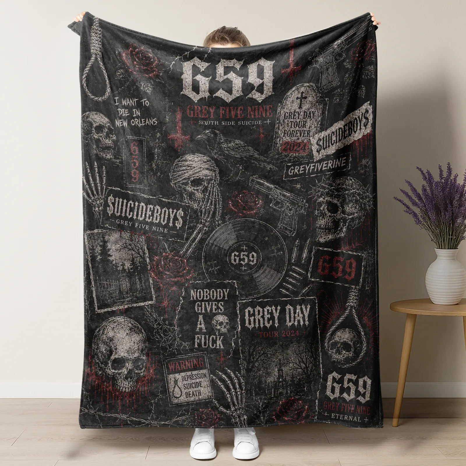 Suicideboys G59 Grey Five Nine Flannel Throw Blanket, Vintage Dark Grunge Skull Crow Rose Collage Print Soft Warm Couch Bed Cover Underground Hip Hop Room Decor