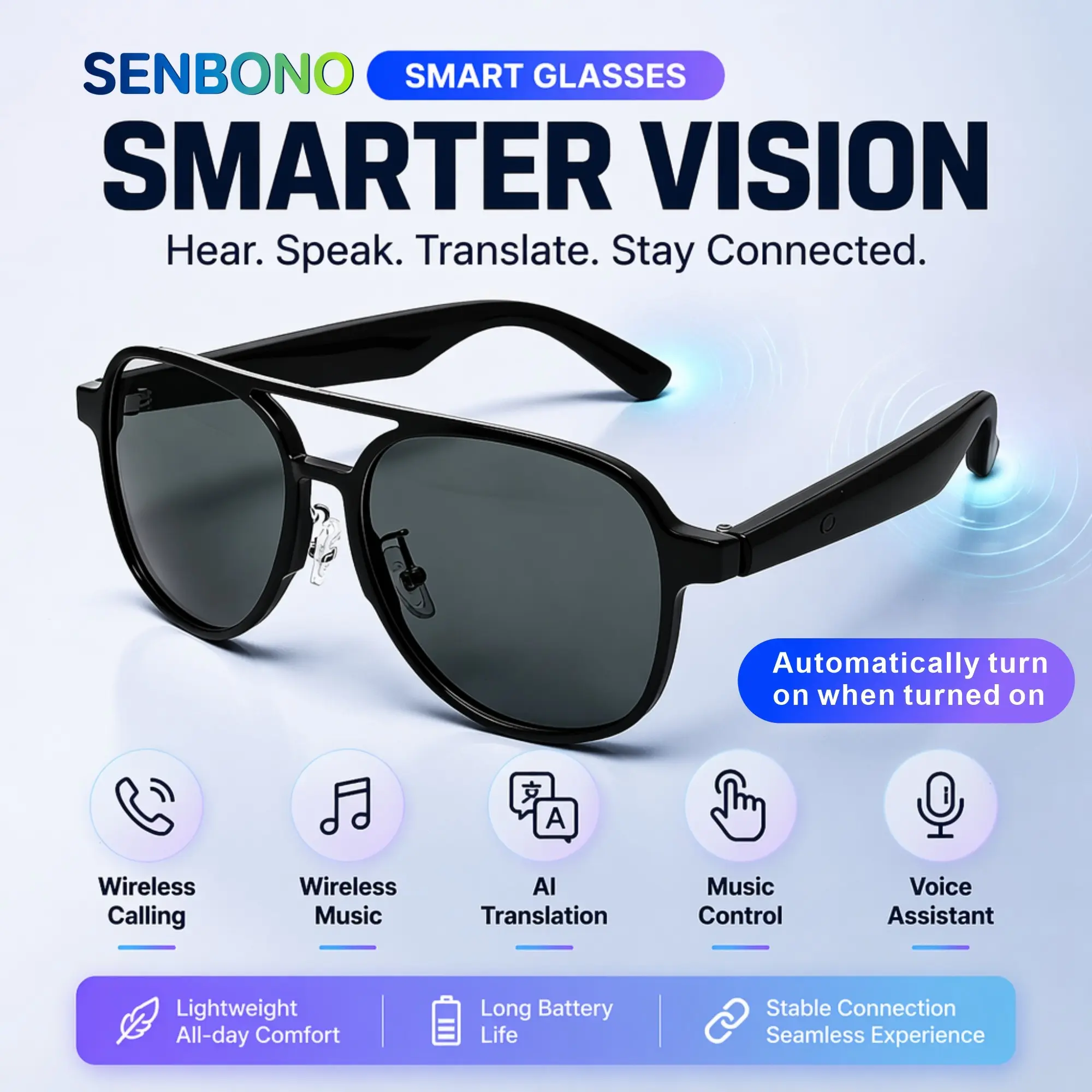 2026 Translation smart glasses, intelligent translation glasses, supporting multiple language translations, voice translation functions, dual audio headphone glasses, wireless calls, music, unisex, suitable for cycling, travel, gift equipment