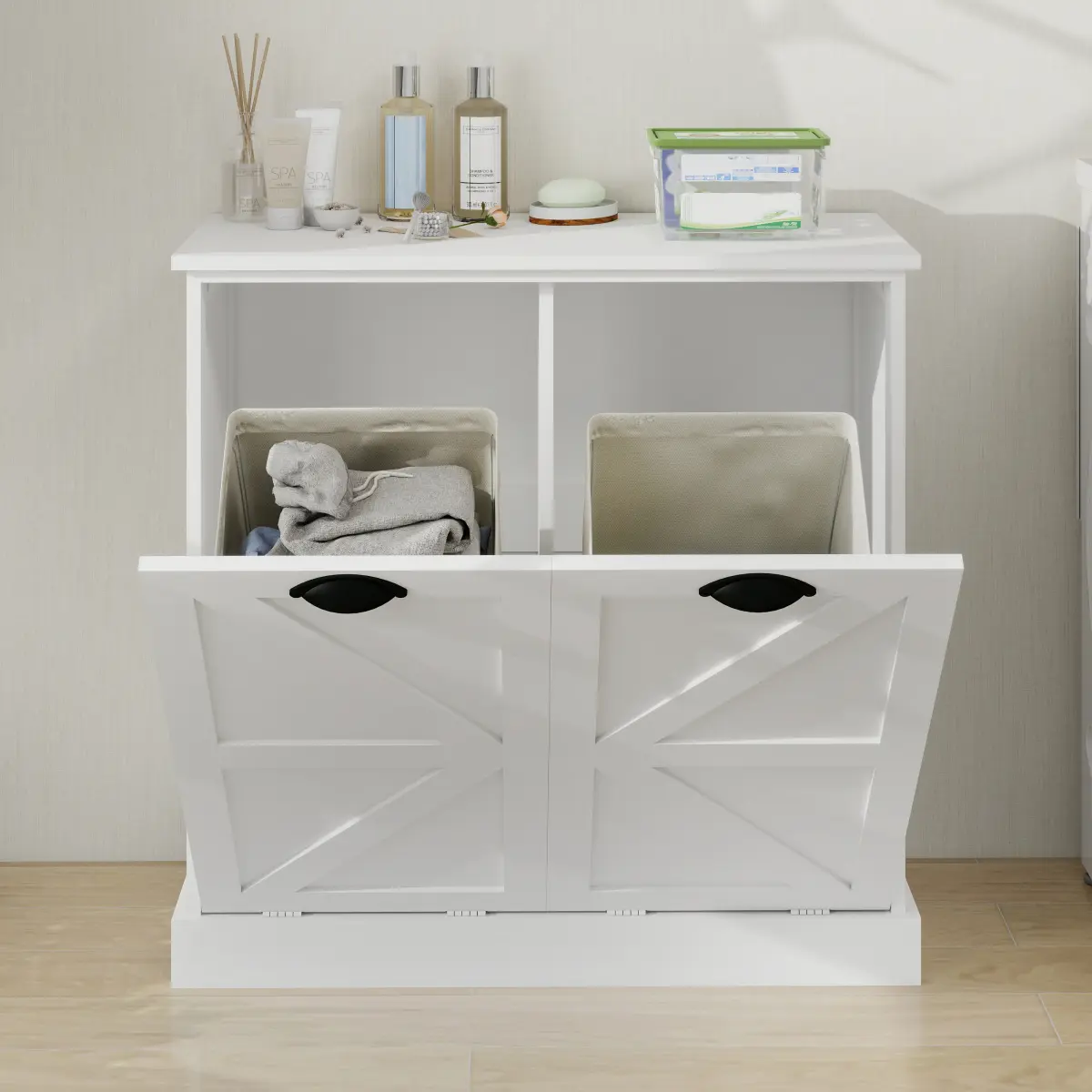 White Rectangular Laundry Sorter Cabinet with 2 Removable Cloth Bags, E1 Grade MDF UV Painted Clothes Storage Organizer, Waterproof Anti-Tipping Laundry Hamper Cabinet, Space Saving Multipurpose Storage Furniture for Bathroom Laundry Room