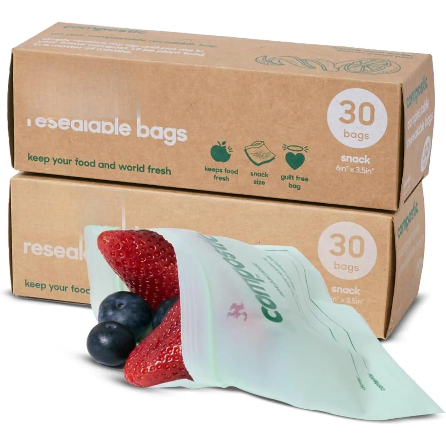Compostable Biopolymer Snack Storage Bags, 60 Count Starter Pack with Zip-Seal Lock, Freezer Safe, Compostable in 12-24 Weeks, BPA & GMO Free, DIN CERTCO Certified, Travel-Friendly