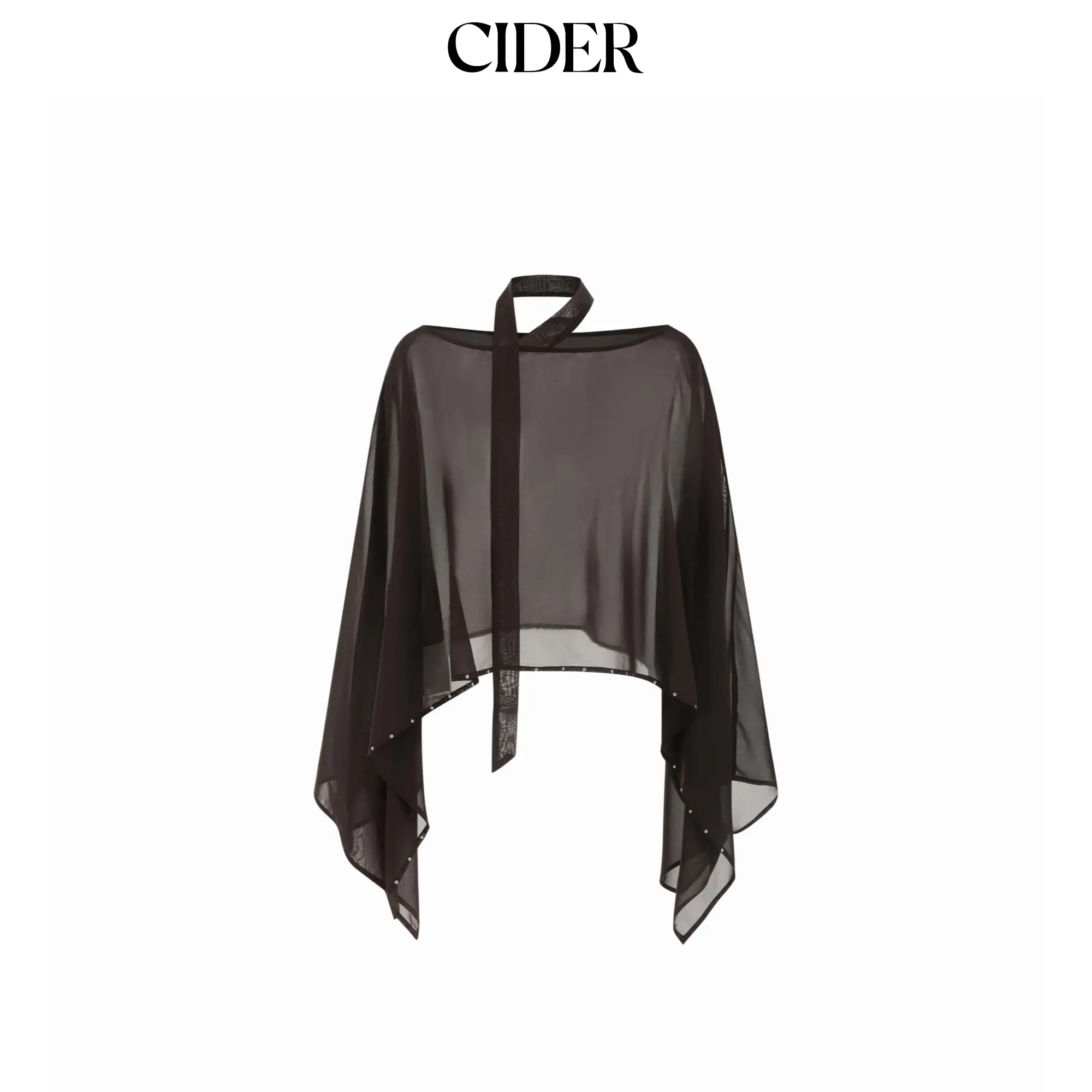 Cider Chiffon Boat Neck Cloak Sleeve See-through Oversized Blouse With Scarf