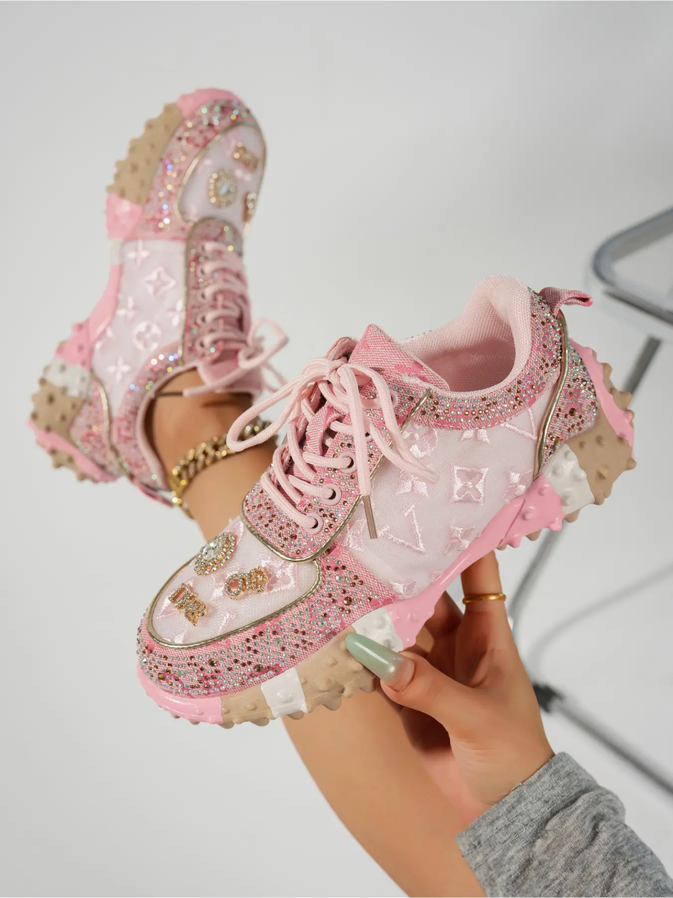 Women's Shoes Fashion Bling Rhinestone Mesh Casual Sneakers, Lightweight Lace Up Platform Shoes Trendy Cute Footwear For Shopping Outdoor Party