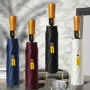 Premium Fully Automatic Triple Fold Wooden Handle Umbrella, Windproof Enlarged Canopy, Glue, Portable Business Umbrella for Men, Perfect for Golf & Outdoor Activities, Multiple Colors, Folding Umbrella
