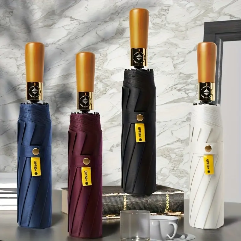 Premium Fully Automatic Triple Fold Wooden Handle Umbrella, Windproof Enlarged Canopy, Glue, Portable Business Umbrella for Men, Perfect for Golf & Outdoor Activities, Multiple Colors, Folding Umbrella