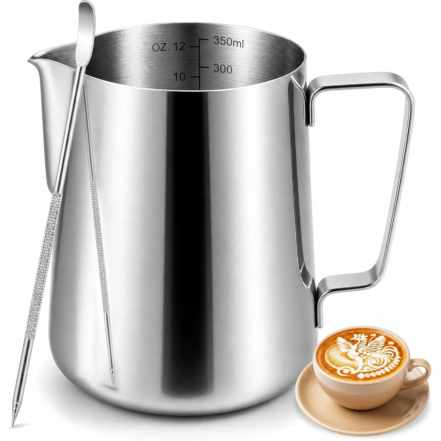 Stainless Steel Milk Frothing Pitcher for Coffee Making, 12/20/32 oz Barista Jug with Heat Resistant Handle, Internal Scale & Latte Pen, 20Oz, 12 Ounces