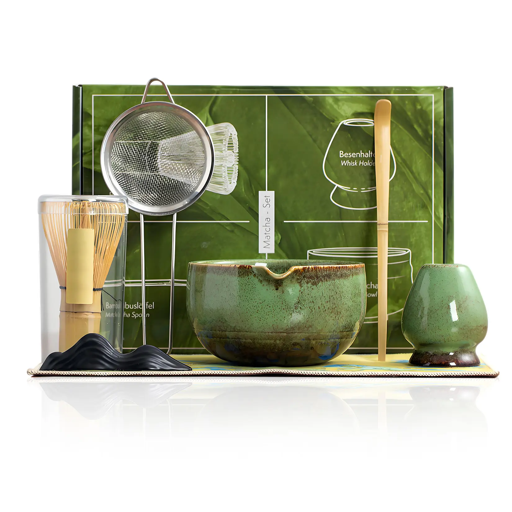 7 Piece Matcha Whisk Set, Traditional Ceremonial Matcha Tea Making Tool Kit with Ceramic Bowl, Bamboo Whisk, Sifter, Holder, Spoon & Towel, Good Gift for Starter & Tea Lovers