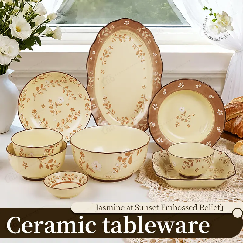Ceramic Dinnerware Set, Vintage Floral Boho Plates And Bowls for 4/6, Heat-Resistant Porcelain Dish, Microwave & Dishwasher Safe Tableware, Housewarming Gift