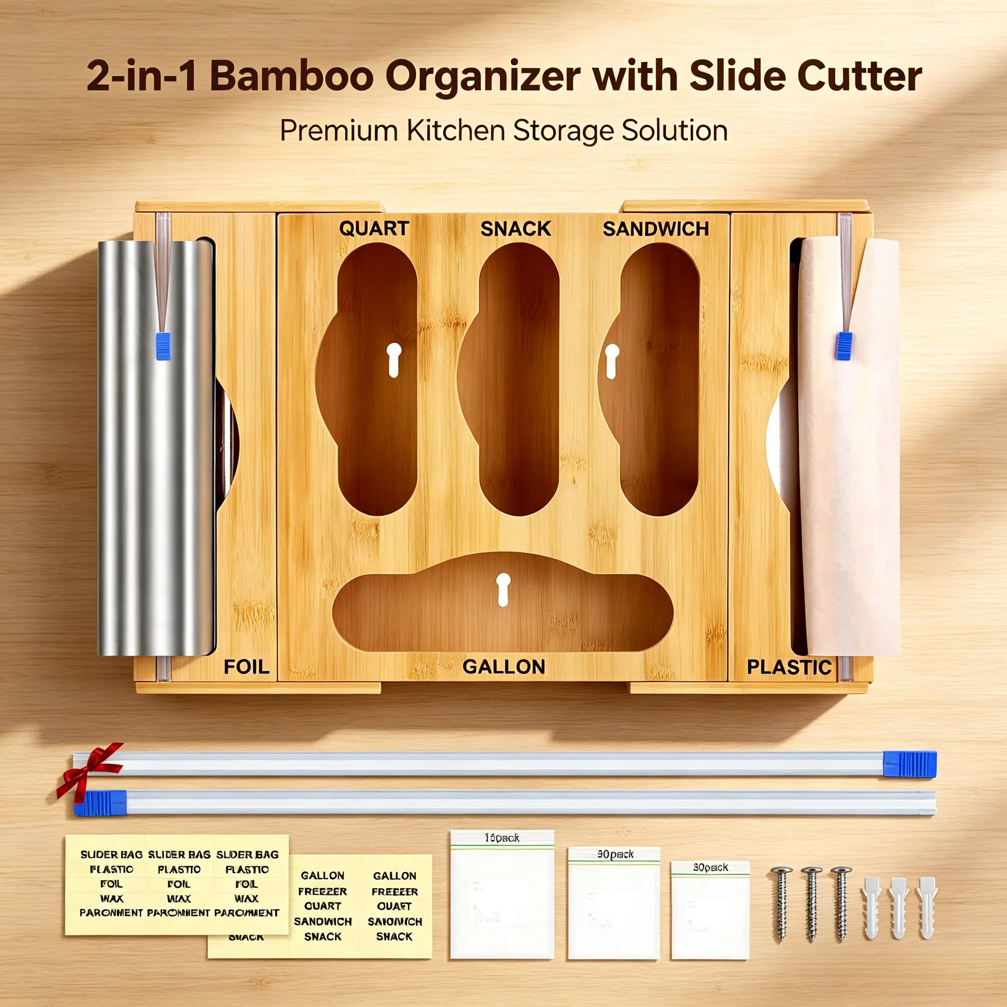 IBEQUEM 2 in 1 Bamboo Ziplock Bag Organizer| Foil & Plastic Wrap Dispenser with Cutter| Drawer & Wall Mount for All Kitchen Bag Sizes