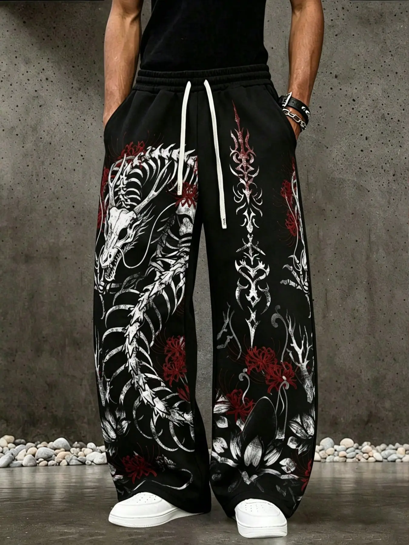 Dark Gothic Style Geometric Print Wide Leg Sports Pants, Unisex Loose Fit Long Pants, Streetwear Asian Culture Fashion