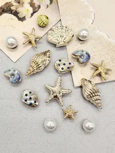 16PCS Ocean Beach Golden Conch Starfish ABS Shoe Charms Set DIY Decorations Bling Rhinestone Shell Clog Shoes Buckles Accessories Artificial Pearls Shoe Clips Decor Women Hole Slippers Sandals Garden Shoes Beach Bag Ornaments Birthday Festival Party Gifts