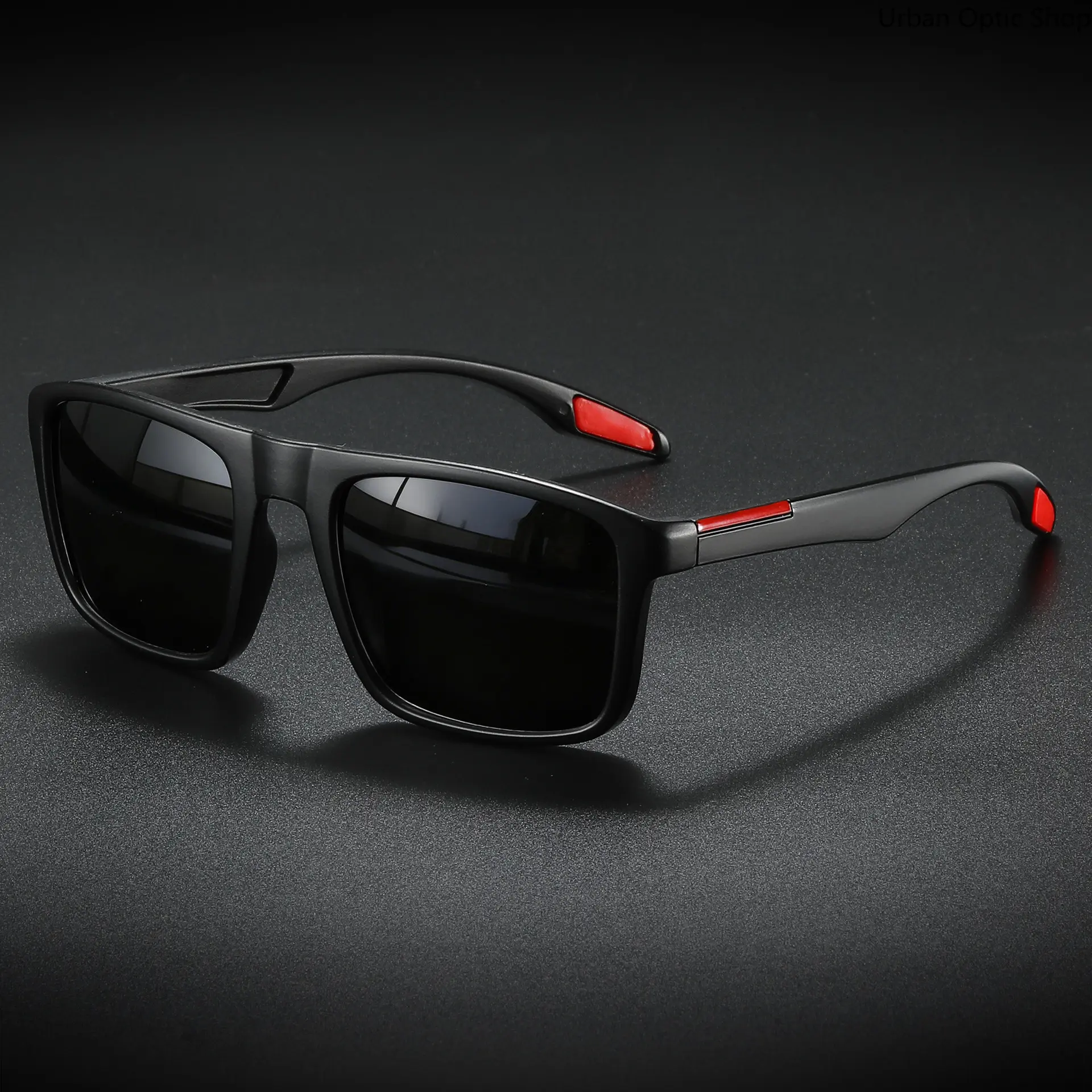 XUH Square Sport Sunglasses for Men and Women, Lightweight Black Frame with Red Accents & Non-Slip Temples for Driving & Outdoor Wear, Unisex